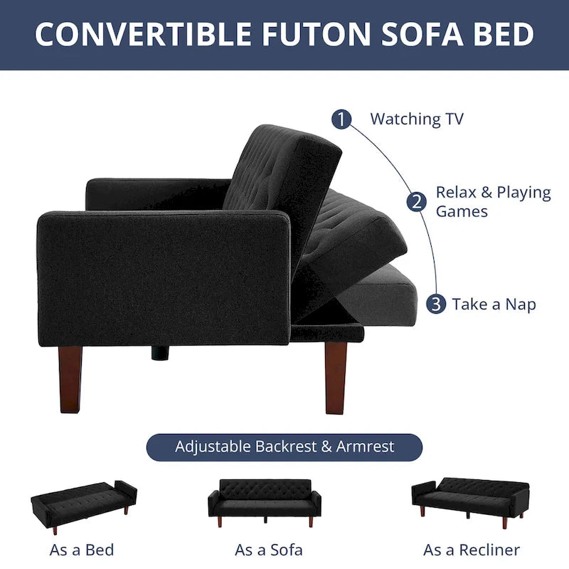 74 Velvet Futon Sofa Bed, Adjustable Backrest Convertible Loveseat Sleeper Couch with Tapered Wood Legs for Small Space