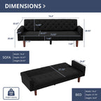 74 Velvet Futon Sofa Bed, Adjustable Backrest Convertible Loveseat Sleeper Couch with Tapered Wood Legs for Small Space