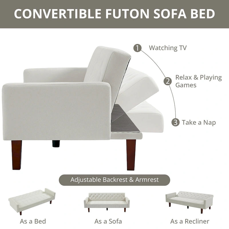 74 Velvet Futon Sofa Bed, Adjustable Backrest Convertible Loveseat Sleeper Couch with Tapered Wood Legs for Small Space