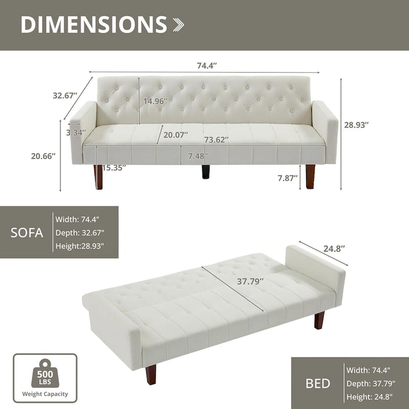 74 Velvet Futon Sofa Bed, Adjustable Backrest Convertible Loveseat Sleeper Couch with Tapered Wood Legs for Small Space