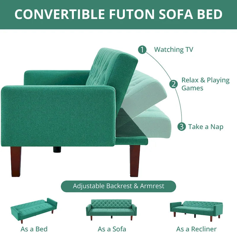 74 Velvet Futon Sofa Bed, Adjustable Backrest Convertible Loveseat Sleeper Couch with Tapered Wood Legs for Small Space