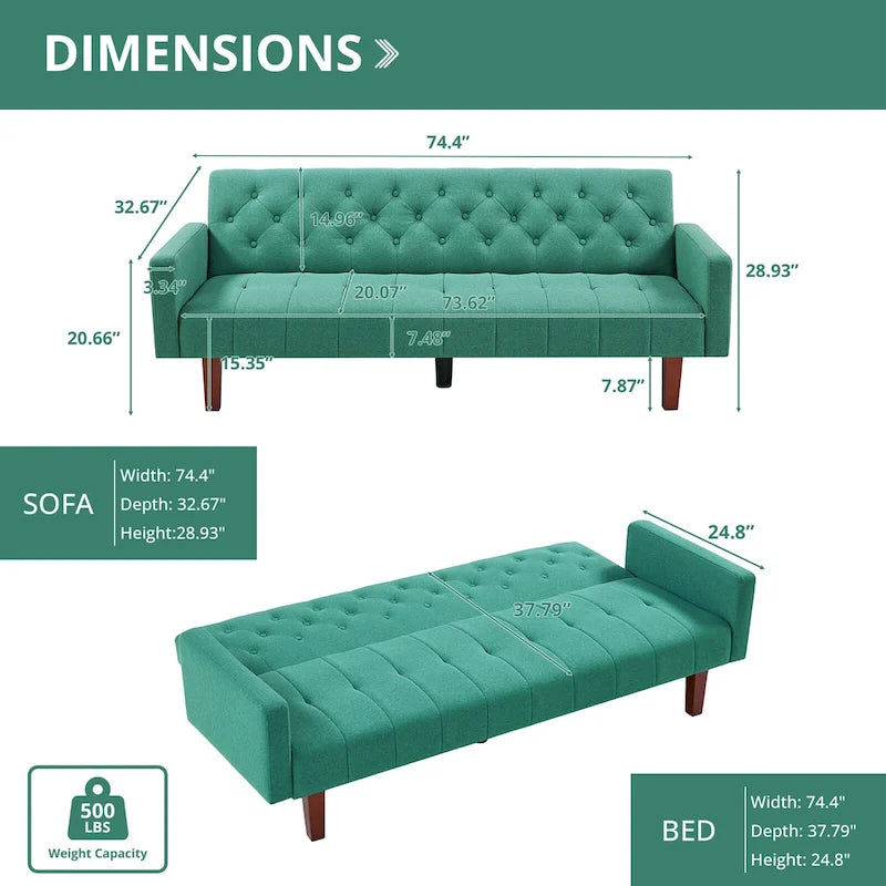 74 Velvet Futon Sofa Bed, Adjustable Backrest Convertible Loveseat Sleeper Couch with Tapered Wood Legs for Small Space