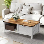 Moasis Farmhouse Coffee Table with Storage Cabinet and Open Shelf