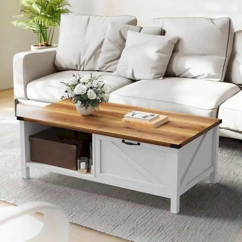 Moasis Farmhouse Coffee Table with Storage Cabinet and Open Shelf