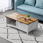 Moasis Farmhouse Coffee Table with Storage Cabinet and Open Shelf