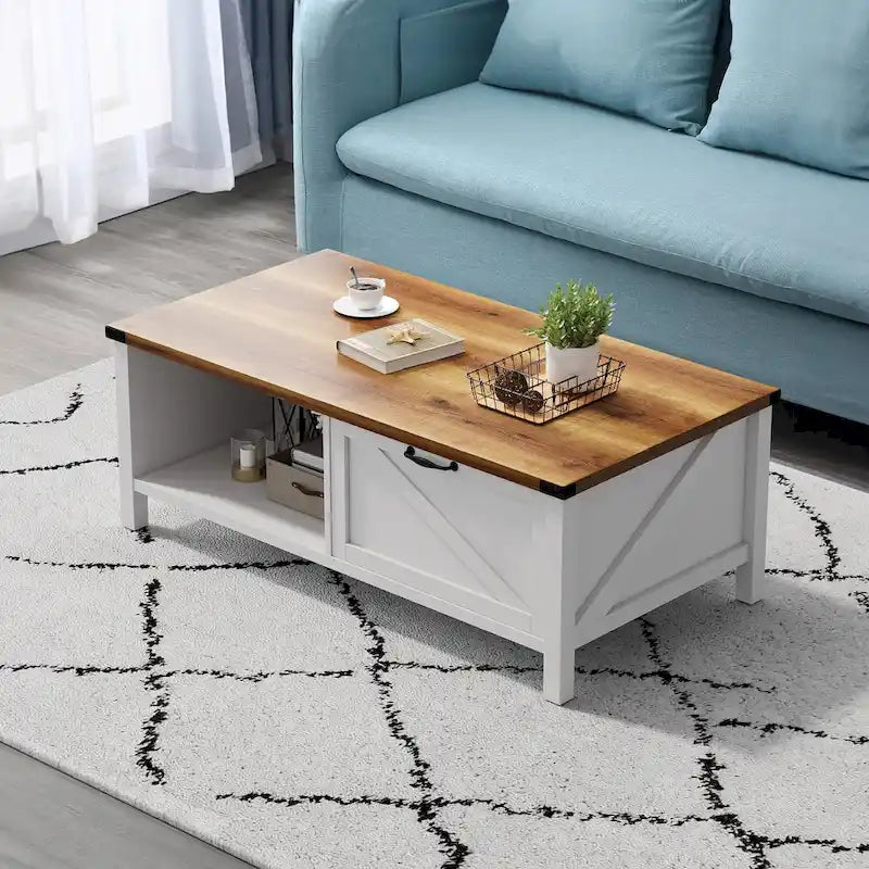 Moasis Farmhouse Coffee Table with Storage Cabinet and Open Shelf