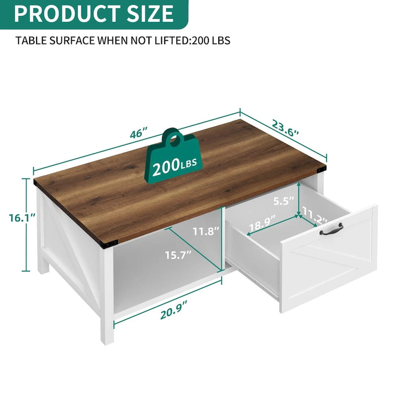 Moasis Farmhouse Coffee Table with Storage Cabinet and Open Shelf