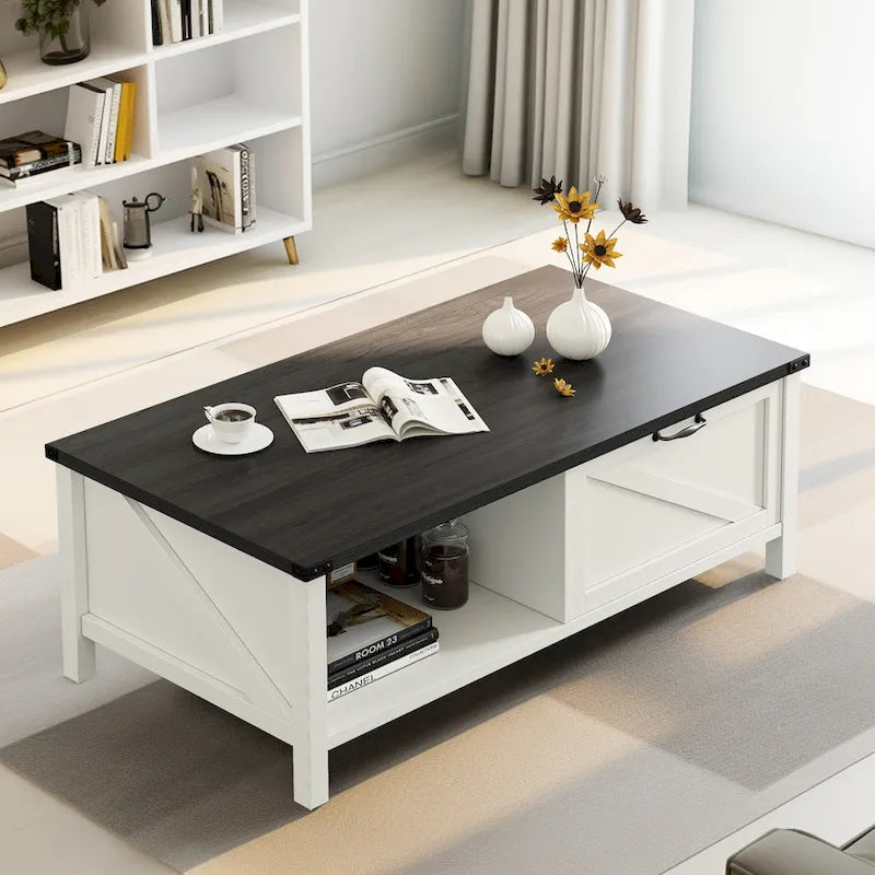 Moasis Farmhouse Coffee Table with Storage Cabinet and Open Shelf