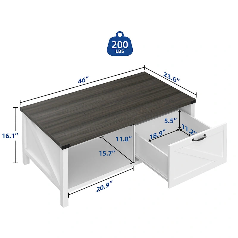 Moasis Farmhouse Coffee Table with Storage Cabinet and Open Shelf