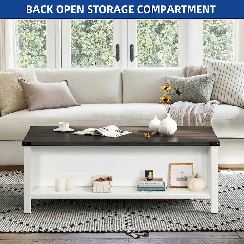 Moasis Farmhouse Coffee Table with Storage Cabinet and Open Shelf
