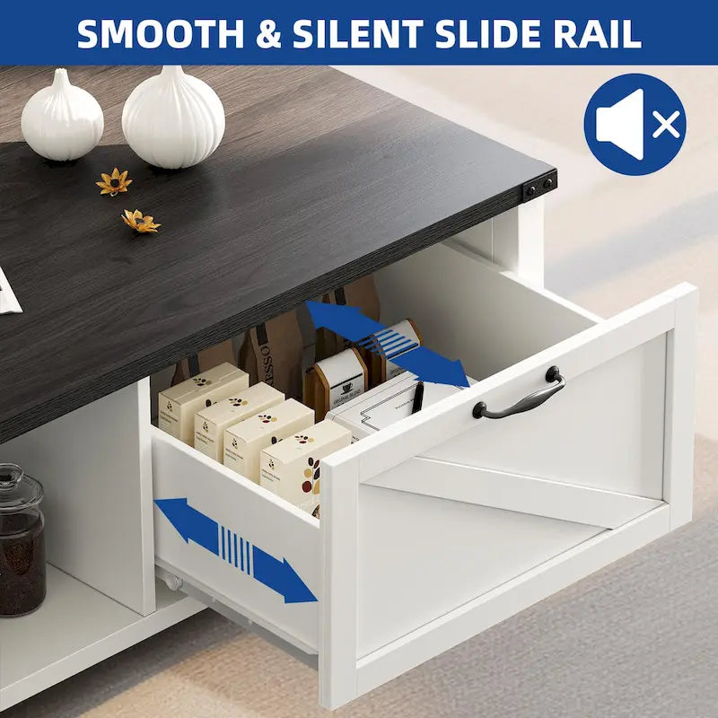 Moasis Farmhouse Coffee Table with Storage Cabinet and Open Shelf