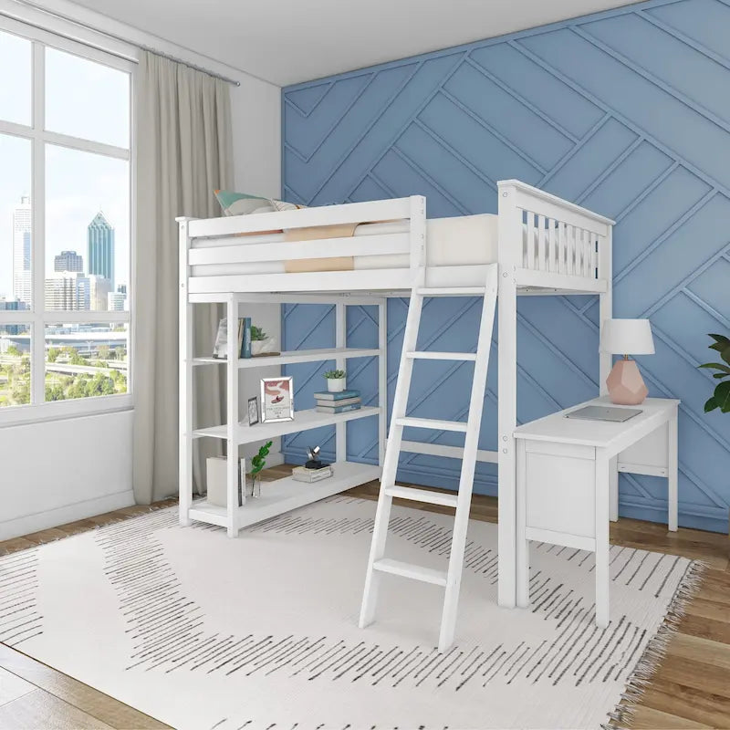 Full-Size High Loft Bed With Bookcase and Desk