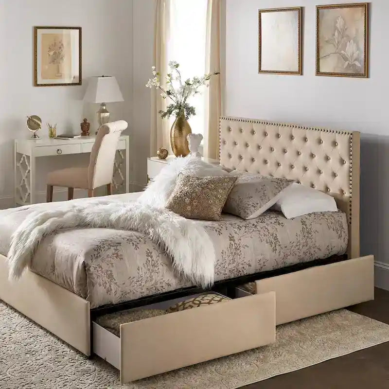 Arlert Nailhead Linen Headboard Storage Platform Bed by iNSPIRE Q Classic