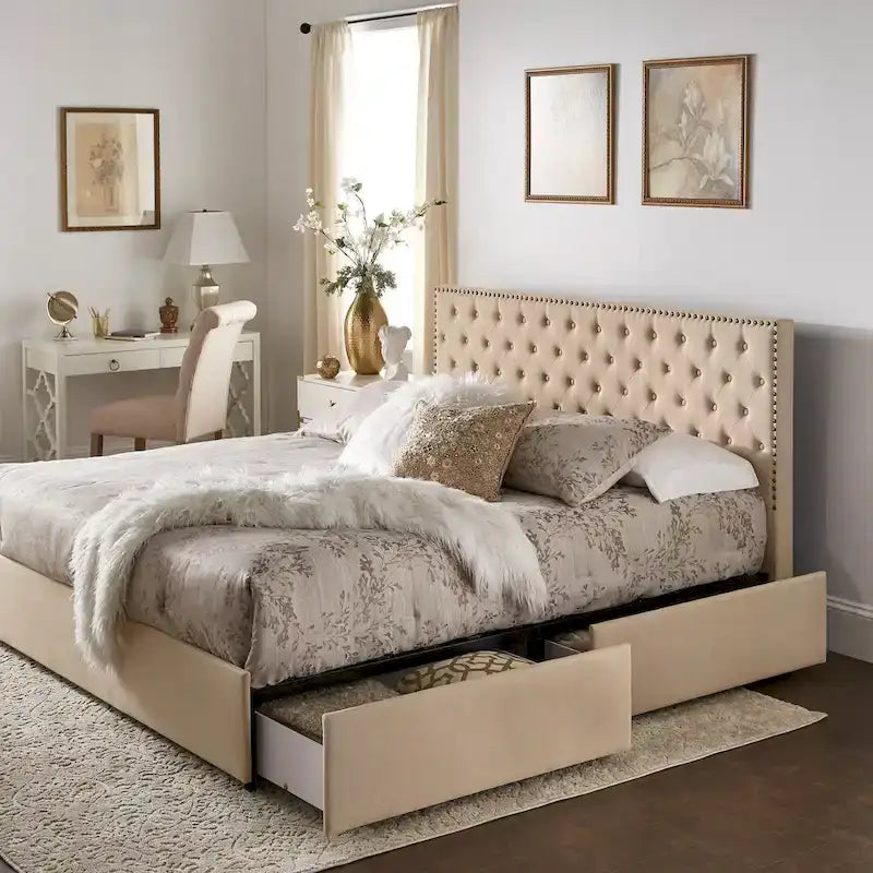 Arlert Nailhead Linen Headboard Storage Platform Bed by iNSPIRE Q Classic