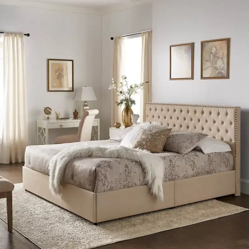 Arlert Nailhead Linen Headboard Storage Platform Bed by iNSPIRE Q Classic