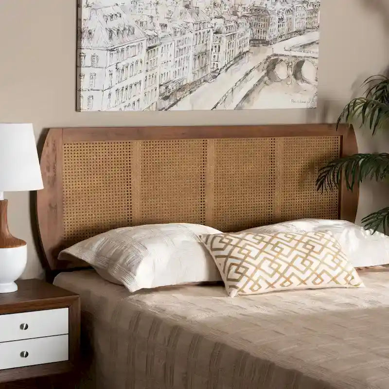 Harris Ash Walnut Wood and Synthetic Rattan Headboard