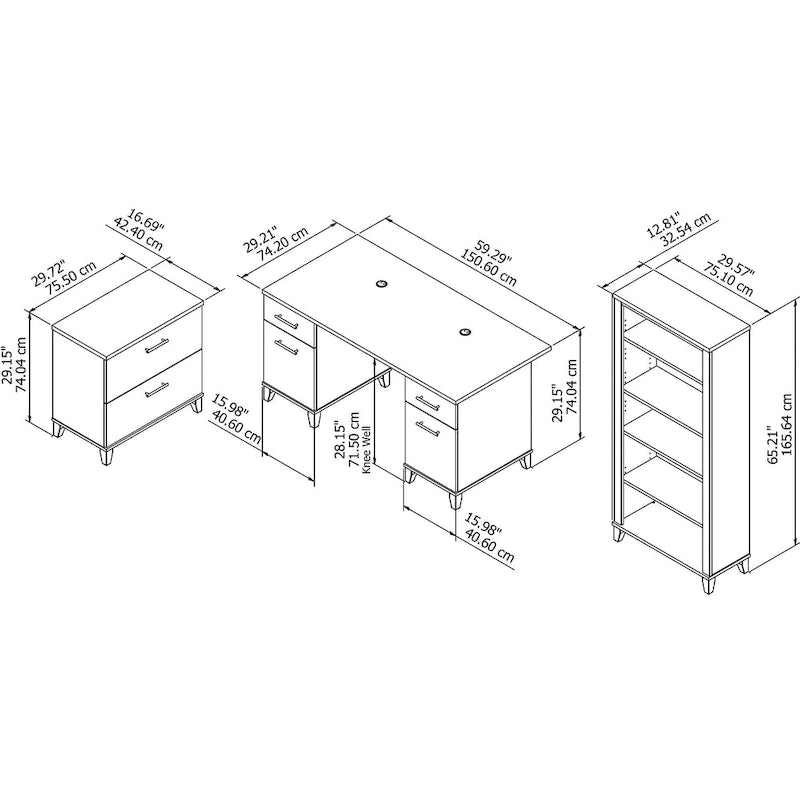 Somerset 60W Office Desk with Cabinet and 5 Shelf Bookcase