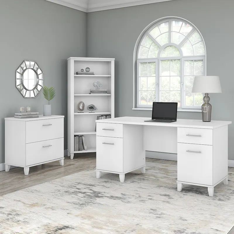 Somerset 60W Office Desk with Cabinet and 5 Shelf Bookcase