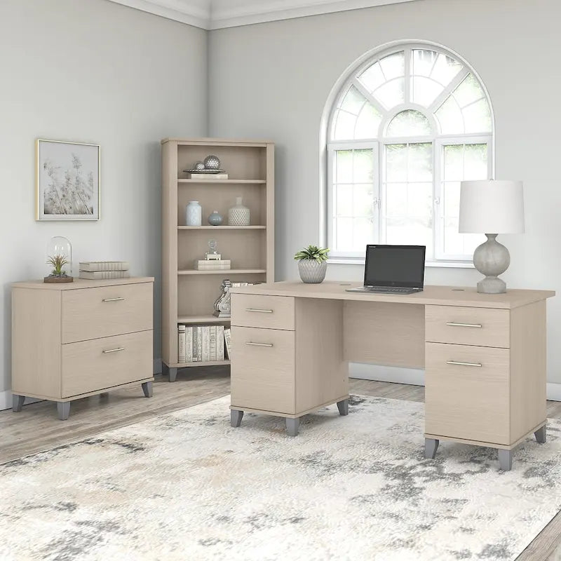 Somerset 60W Office Desk with Cabinet and 5 Shelf Bookcase