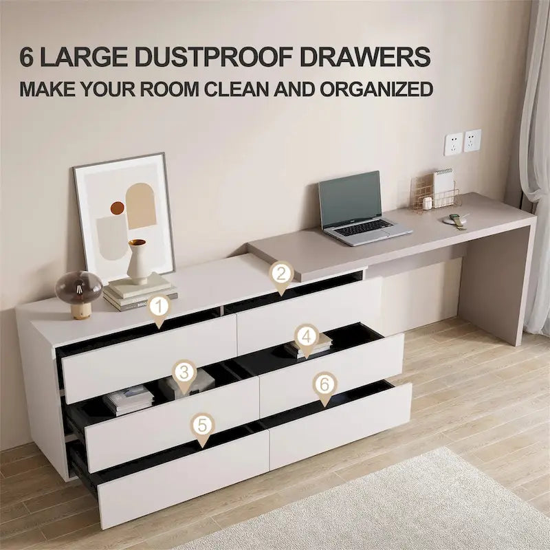 97.63 Modern Home Office Expandable Dresser Desk Combo with 6 Drawers