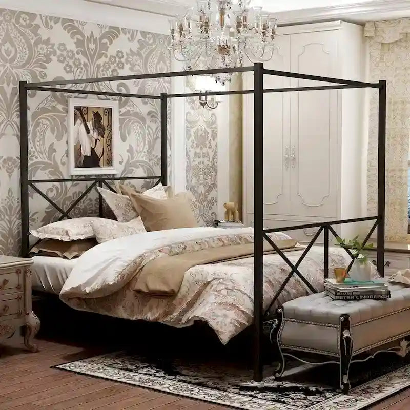 Metal Canopy Bed Frame, Platform Bed Frame Queen with X Shaped Frame Queen