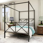 Metal Canopy Bed Frame, Platform Bed Frame Queen with X Shaped Frame Queen