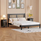 3-Pieces Bedroom Set Queen Size Wooden Platform Bed with Rattan Headboard, 2 Rattan Nightstands Surfaces & 3 Drawers, Black