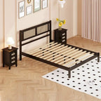 3-Pieces Bedroom Set Queen Size Wooden Platform Bed with Rattan Headboard, 2 Rattan Nightstands Surfaces & 3 Drawers, Black