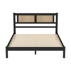 3-Pieces Bedroom Set Queen Size Wooden Platform Bed with Rattan Headboard, 2 Rattan Nightstands Surfaces & 3 Drawers, Black