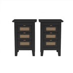 3-Pieces Bedroom Set Queen Size Wooden Platform Bed with Rattan Headboard, 2 Rattan Nightstands Surfaces & 3 Drawers, Black