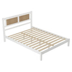 3-Pieces Bedroom Set Queen Size Wooden Platform Bed with Rattan Headboard, 2 Rattan Nightstands Surfaces & 3 Drawers, Black