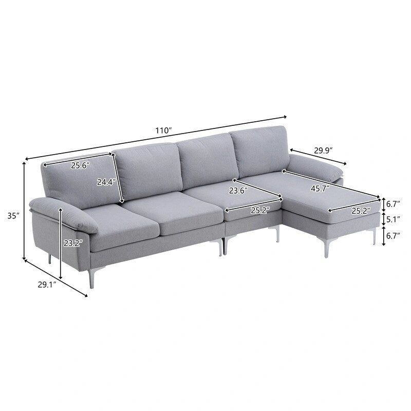 L-Shaped Fabric With Chaise Iron Feet 4 Seats Indoor Modular Sofa - 110