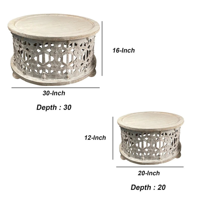 30 Inch Round 2 Piece Wood Coffee Table Set, Carved Floral Design, Antique White