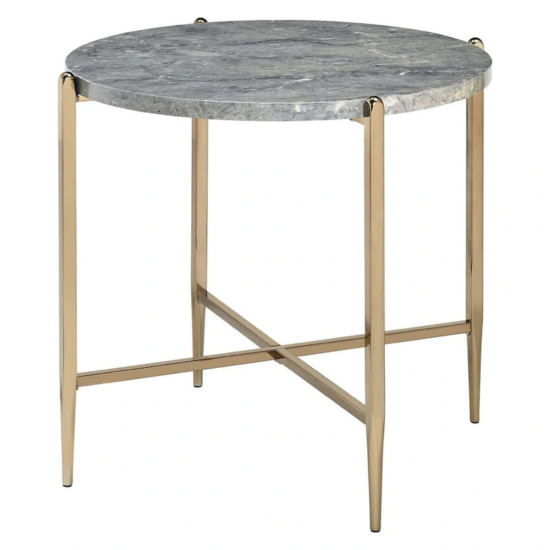 End Table with Oval Marble Top and X Shaped Support, Gray and Gold