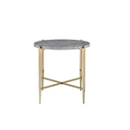 End Table with Oval Marble Top and X Shaped Support, Gray and Gold