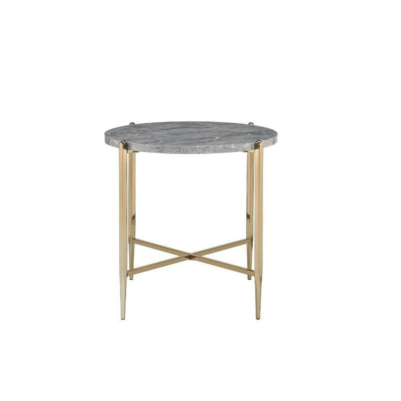 End Table with Oval Marble Top and X Shaped Support, Gray and Gold