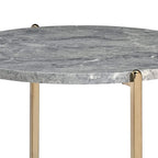 End Table with Oval Marble Top and X Shaped Support, Gray and Gold