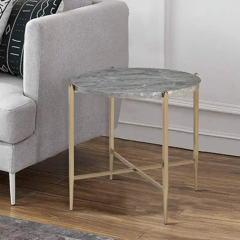 End Table with Oval Marble Top and X Shaped Support, Gray and Gold