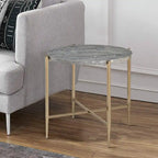 End Table with Oval Marble Top and X Shaped Support, Gray and Gold