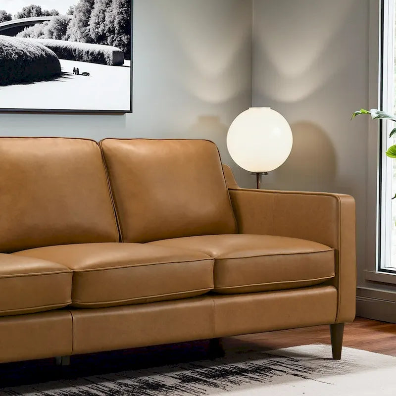 Madeline Mid Century Modern Furniture Genuine Leather Couches in Cognac Tan