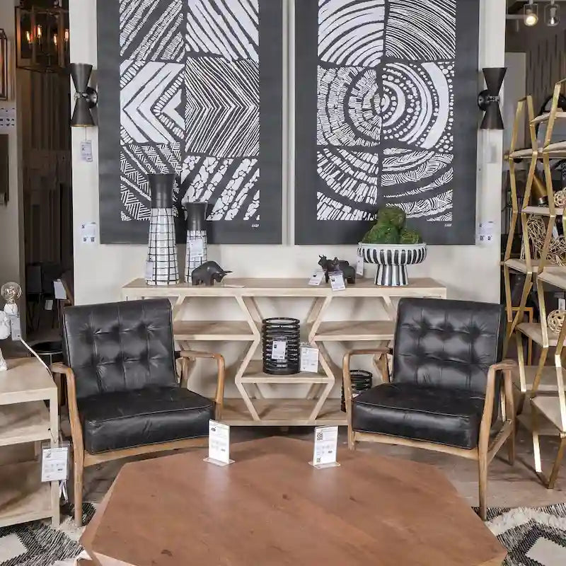 Phineas Black Genuine Leather & Brown Solid Wood Frame Accent Chair