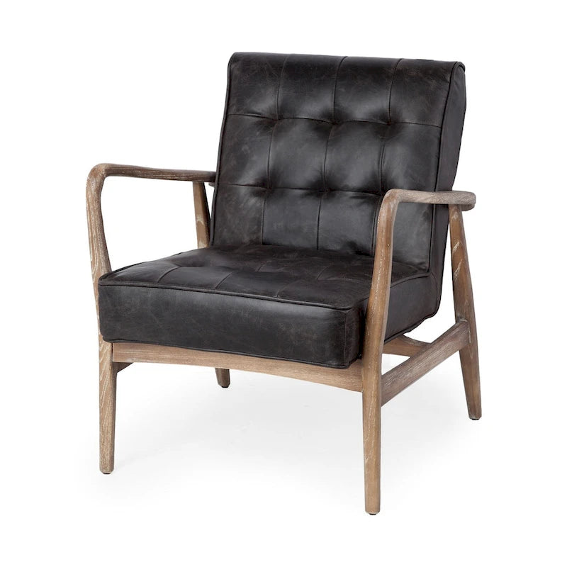 Phineas Black Genuine Leather & Brown Solid Wood Frame Accent Chair