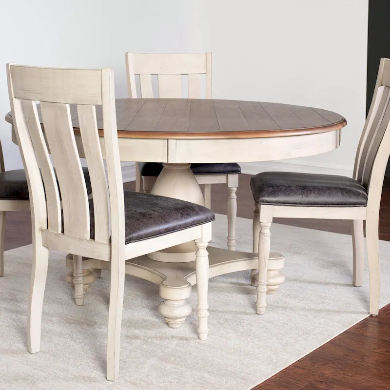Roundhill Furniture Arch Weathered Oak 5-Piece Dining Set, Round Table with 4 Chairs