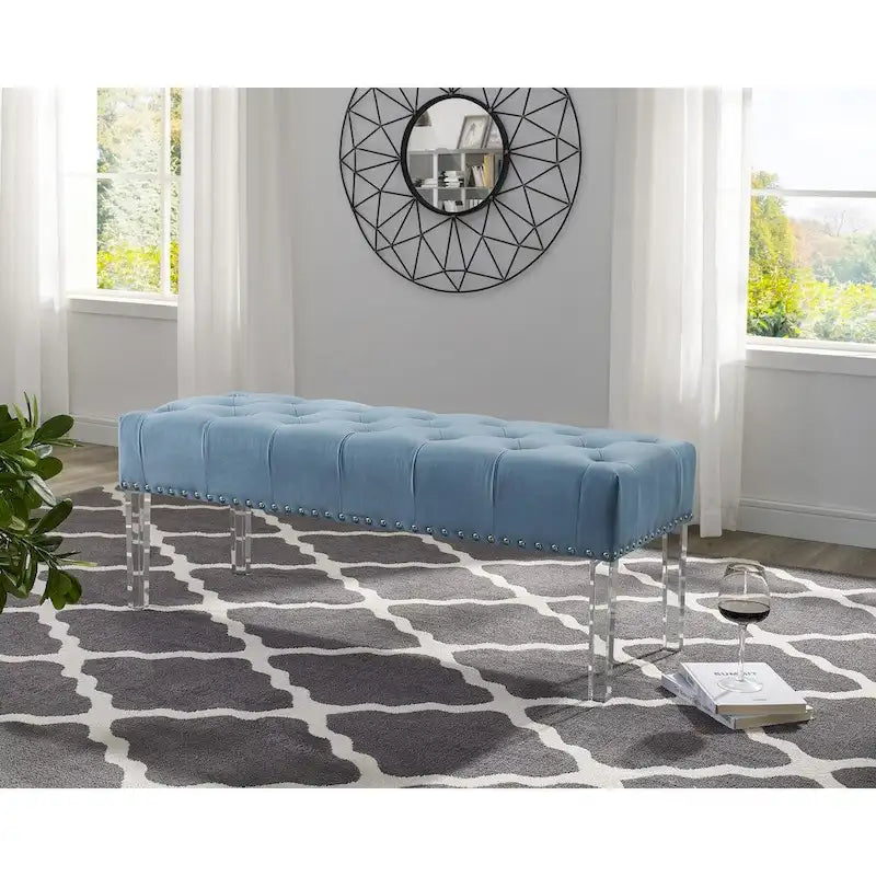 Roundhill Furniture Valley Button tufted Velvet Upholstered Bench with Acrylic Leg