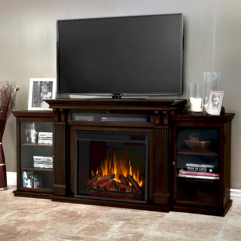 Calie 67 Electric TV Stand Fireplace in Dark Walnut by Real Flame - 67L x 18W x 30.5H