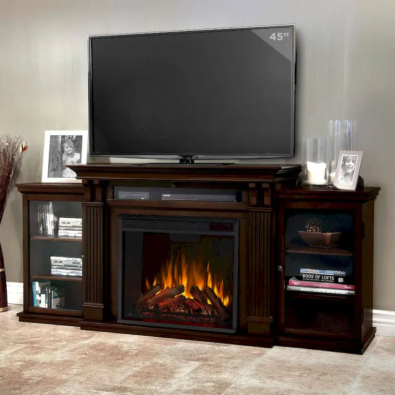 Calie 67 Electric TV Stand Fireplace in Dark Walnut by Real Flame - 67L x 18W x 30.5H