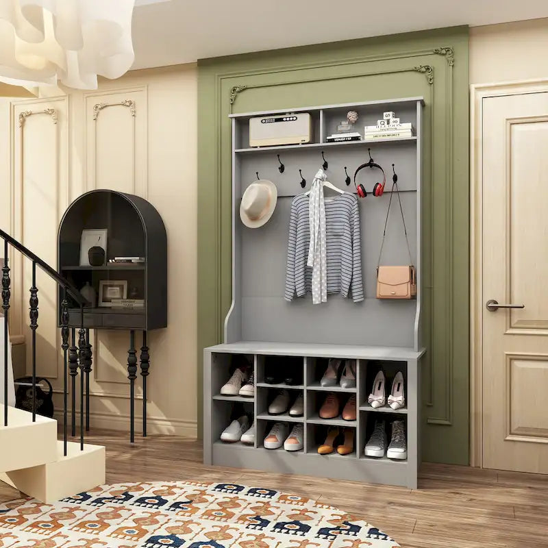 Coat Rack and Storage Bench Hall Tree with Shoe Rack for Entryway