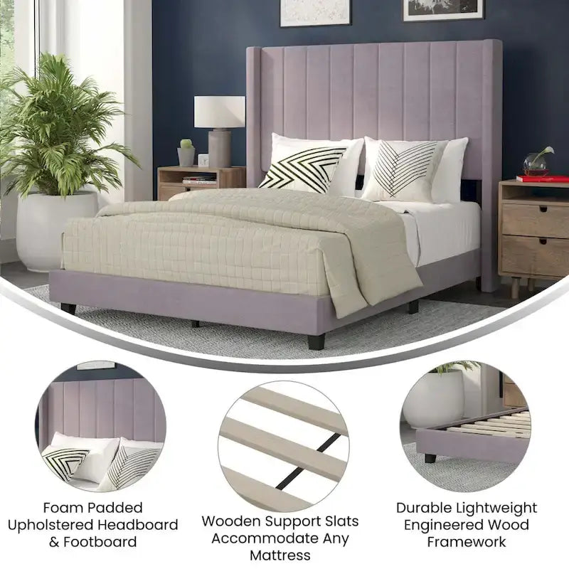 Upholstered Platform Bed with Wingback Headboard