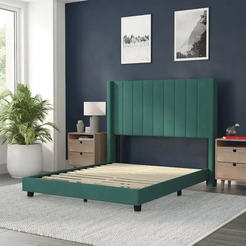 Upholstered Platform Bed with Wingback Headboard