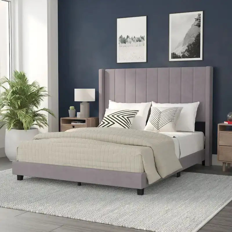 Upholstered Platform Bed with Wingback Headboard